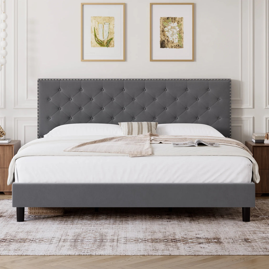 King Size Upholstered Platform Bed with Adjustable Headboard D588259