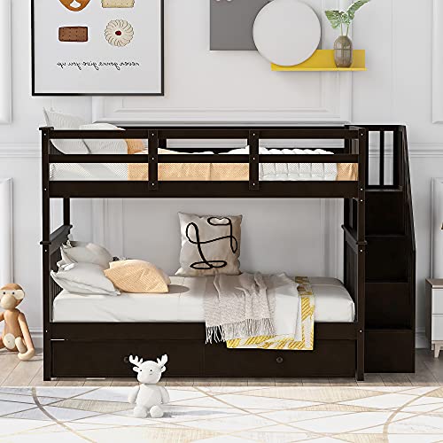 Full Over Full Wood Bunk Bed with Twin Trundle and Stairs, White Y689