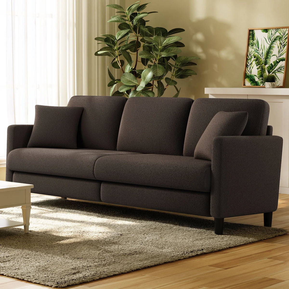Beige White Teddy Fleece Loveseat Sofa with 2 Pillows K878146