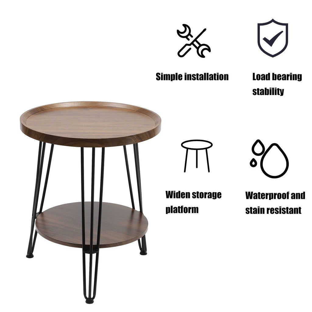2-Tier Round Sofa End Side Table Nightstand Brown G623