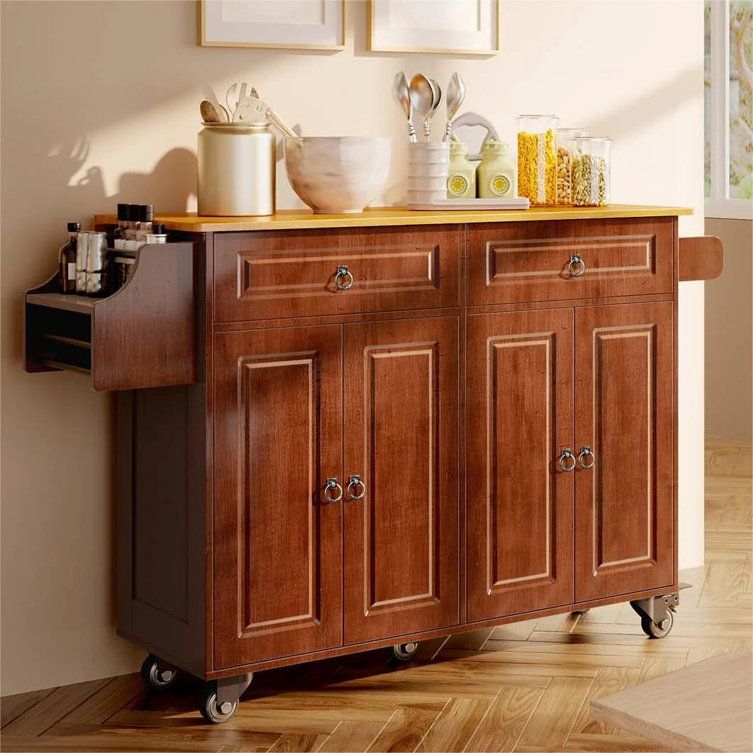 52" Kitchen Island Cart with Storage and Lockable Wheels V9514