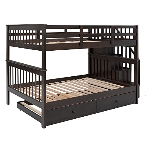 Full Over Full Wood Bunk Bed with Twin Trundle and Stairs, White Y689