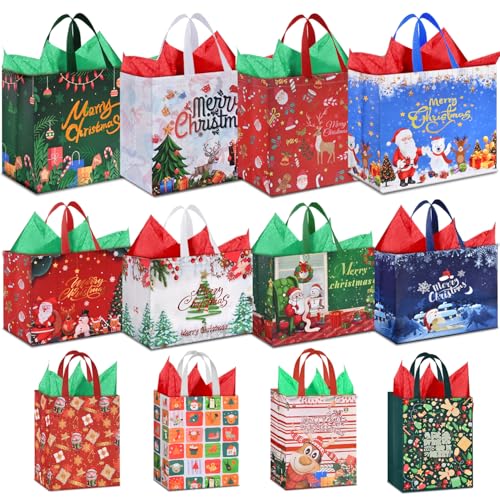 12 PCS Assorted Sizes Reusable Non-Woven Christmas Tote Bags with Handles I8416