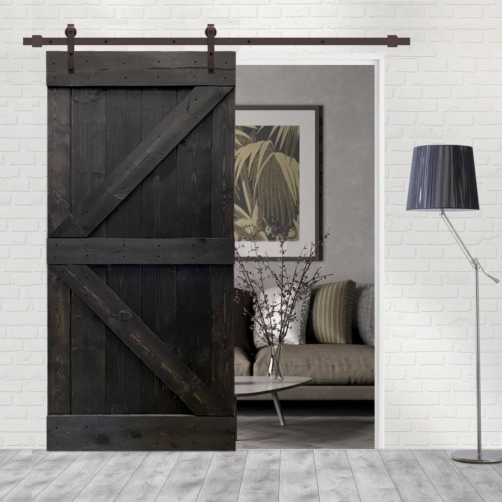 Charcoal Black Stained Wood Interior Sliding Barn Door with Hardware Kit O350