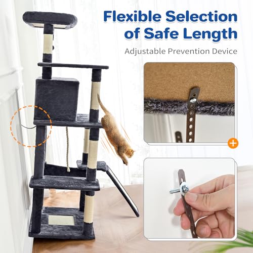 63in Multi-Level Cat Tree Tower with Sisal Scratching Posts, Condo, Hammock, Dangling Ball and Extended Platform, Dark Grey K3199
