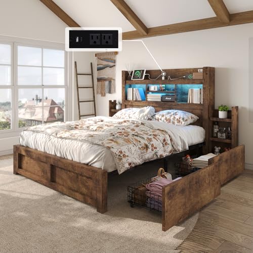 Queen Bed Frame with Bookcase Headboard, 4 Drawers, Charging Station, Rustic Brown B636