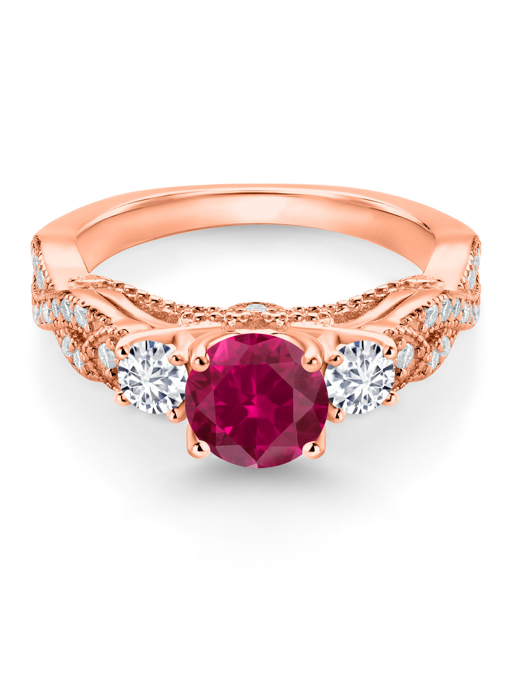 18K Rose Gold Plated Silver Red Created Ruby White Lab Grown Diamond and White Moissanite Engagement Ring V693266