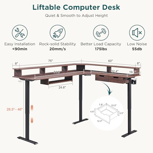 60 Inches L Shaped Electric Standing Desk with Drawers Y65166