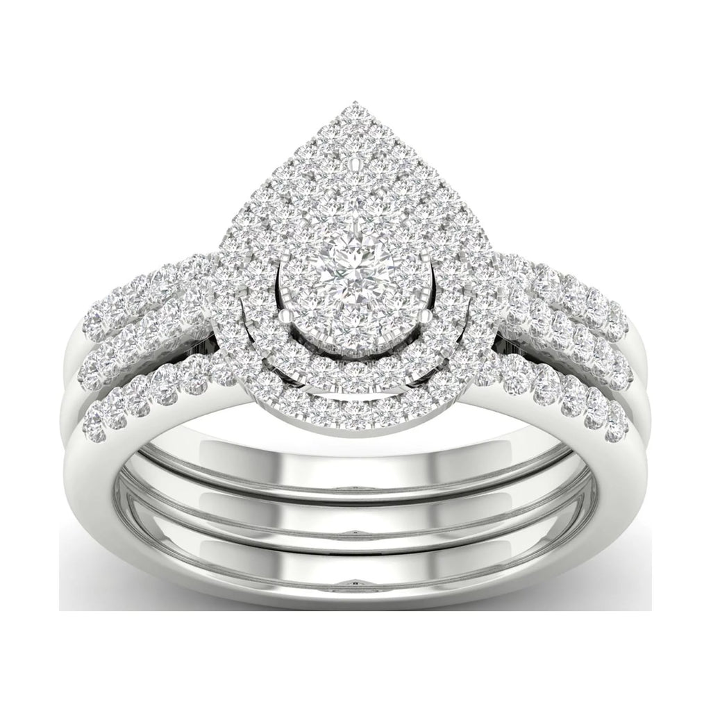 5/8Ct TDW Diamond S925 Sterling Silver Pear Shape Cluster Halo Bridal Set W2403