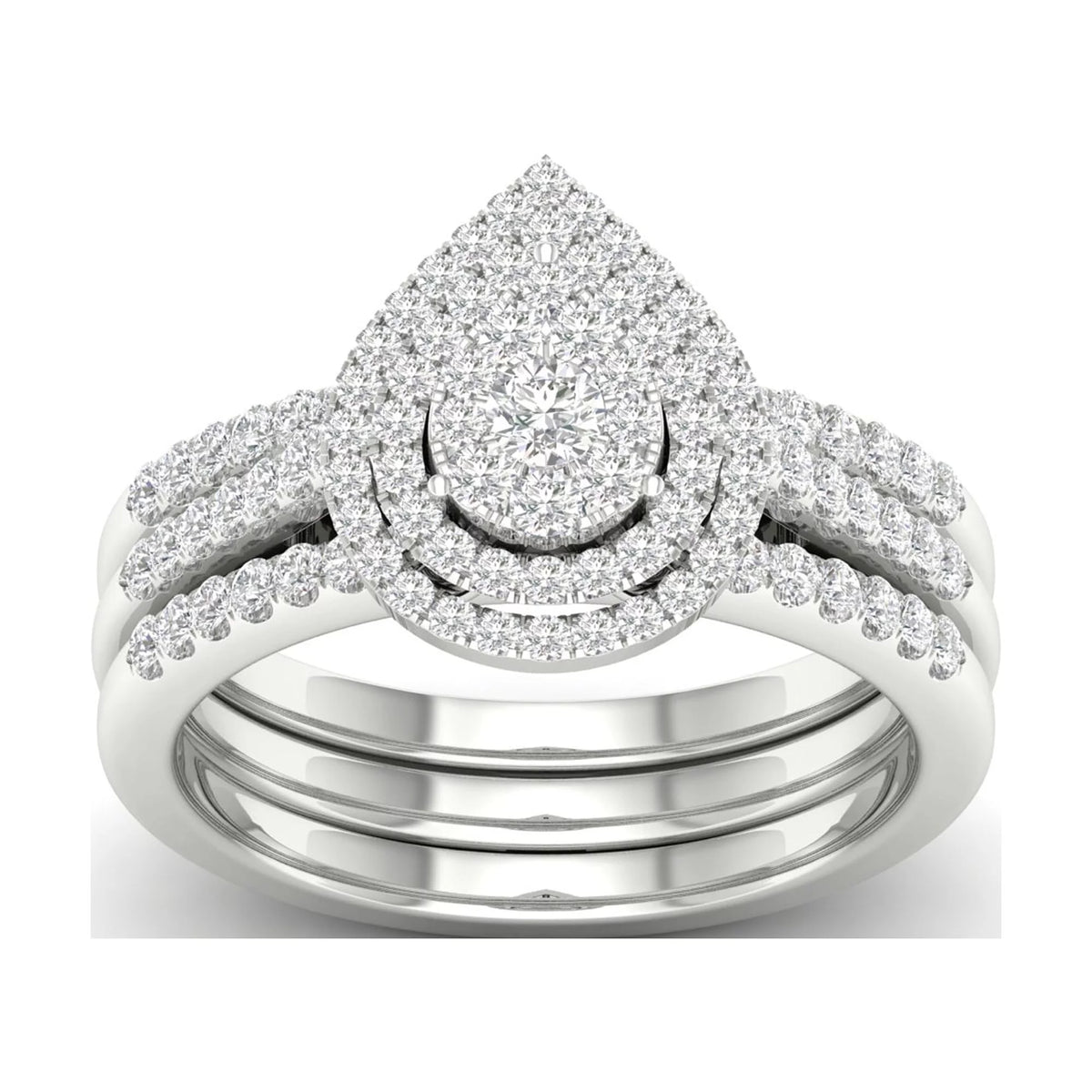 5/8Ct TDW Diamond S925 Sterling Silver Pear Shape Cluster Halo Bridal Set W2403