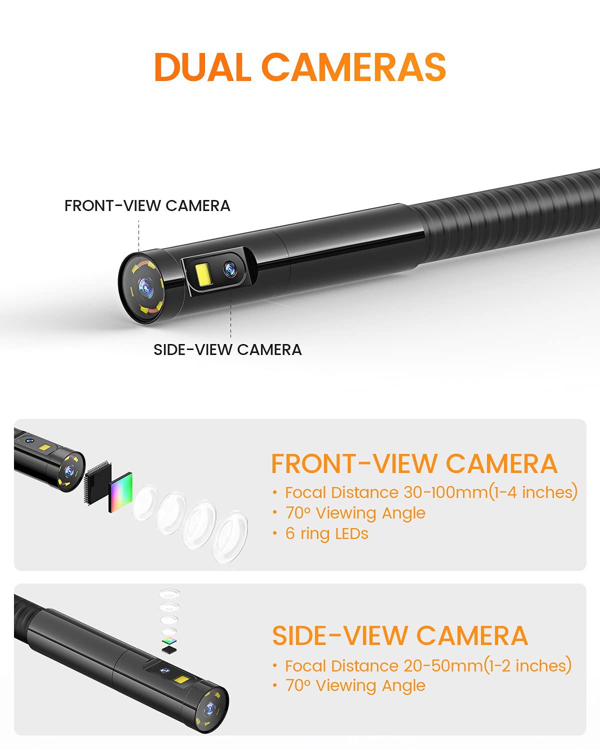 Dual Lens Inspection Camera with Light, 5 IPS Screen, 16.4ft Flexible Probe L982