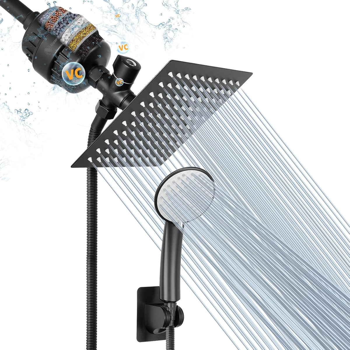 Chrome Finish 8″ Square Rain Shower Head and Handheld Shower Filter Combo with Self-adhesive Holder, 1.5M Hose, 1 Replaceable Filter Cartridge, Pack of 2 K88703