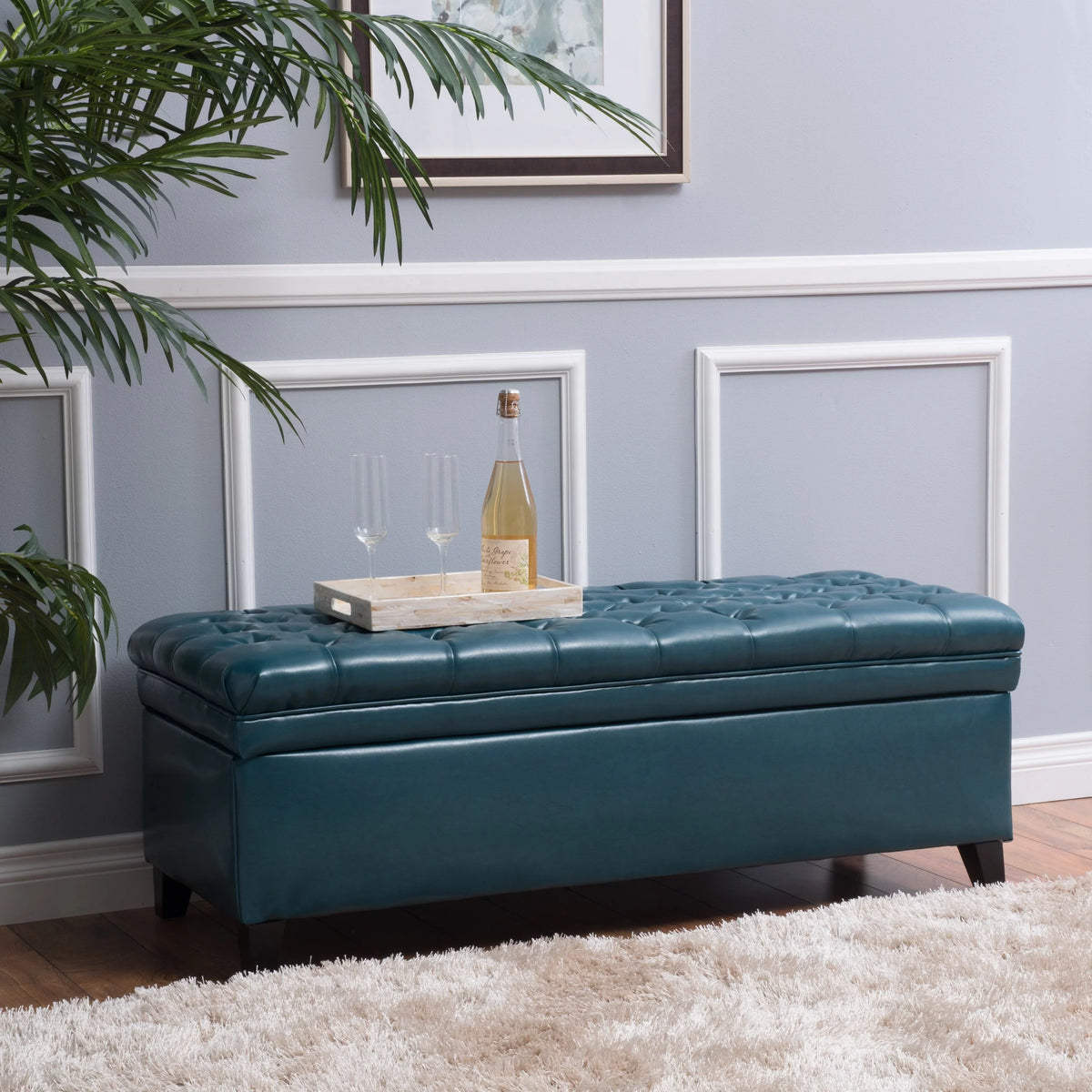 Teal Faux Leather Storage Ottoman P366060