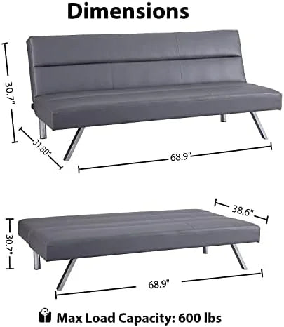 Faux Leather Convertible Futon Sofa Bed with Chrome Legs V552