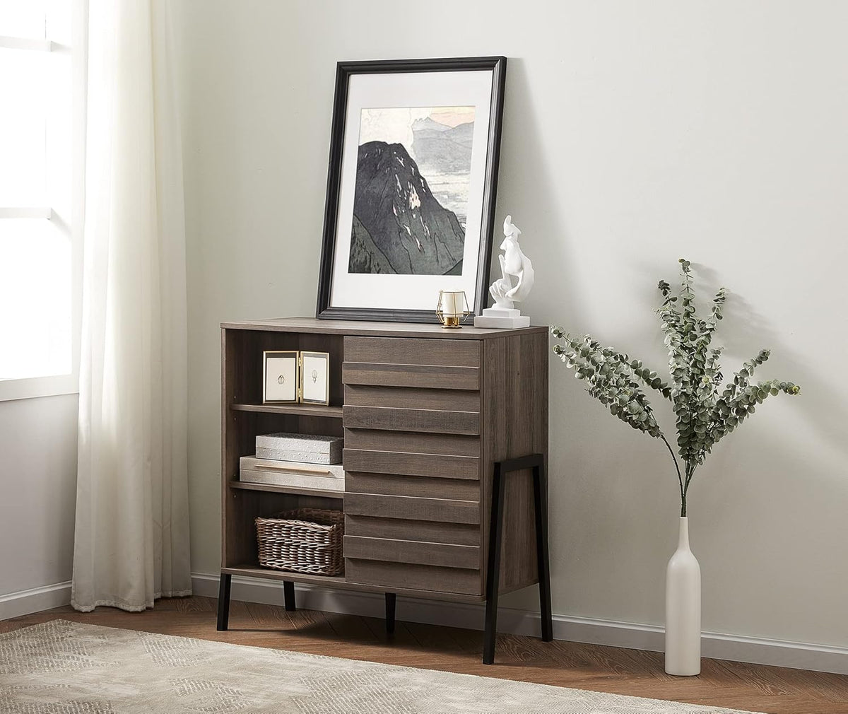 Mid Century Storage Cabinet with Door, 35 Inch, Dark Brown T620