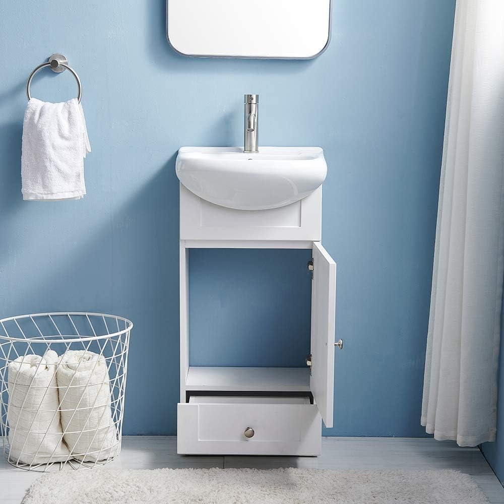 18" White Bathroom Vanity with Sink and 1 Door 1 Drawer W84993
