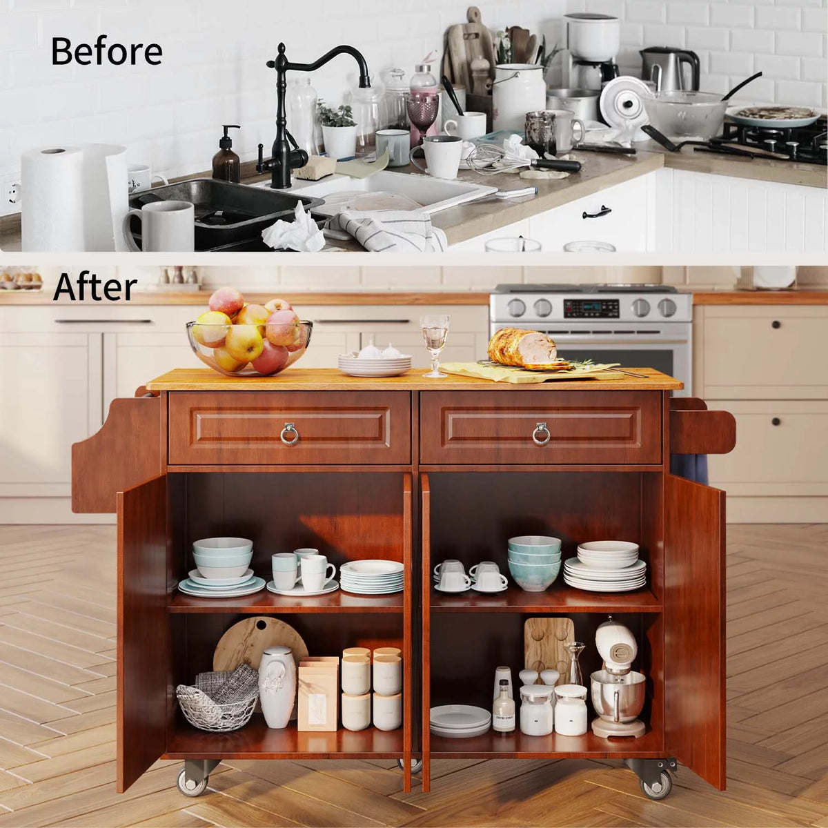 52" Kitchen Island Cart with Storage and Lockable Wheels V9514