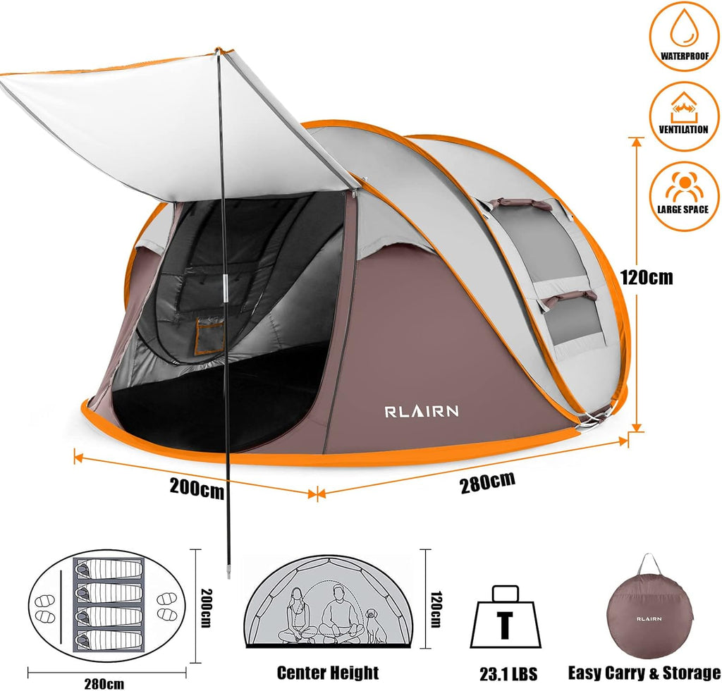 4 Person Pop Up Tent with 2 Mesh Windows & Doors Waterproof Brown H458