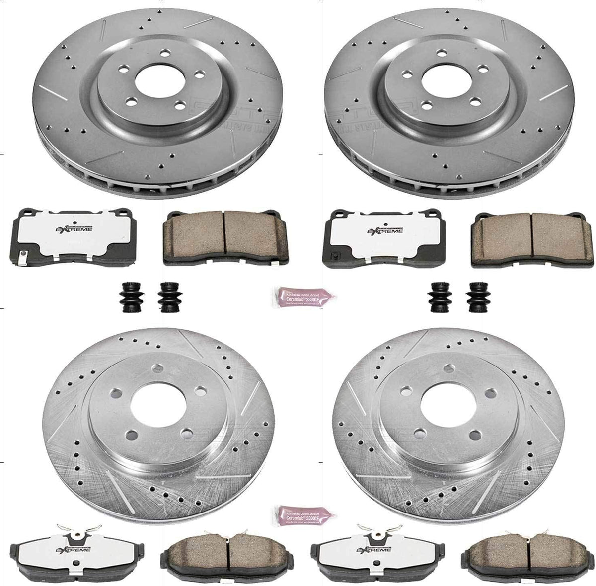 Front and Rear Carbon Fiber Brake Pads with Drilled & Slotted Brake Rotors Kit Z80433
