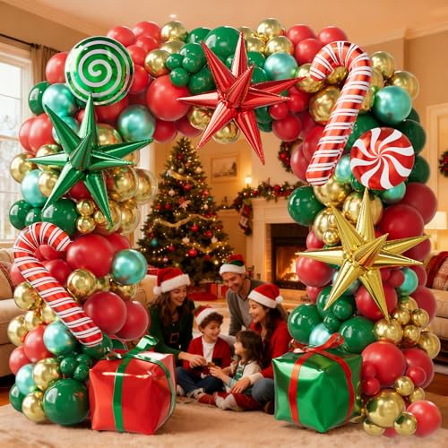 Christmas Balloon Arch Kit, 179PCS Red Green Gold Balloon Garland I45165