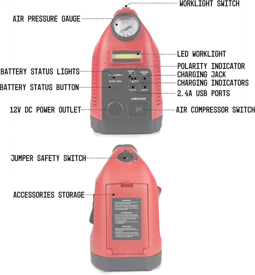 Battery Jump Starter Portable Power Supply, Air Compressor, Battery Bank and Tire Inflator E889