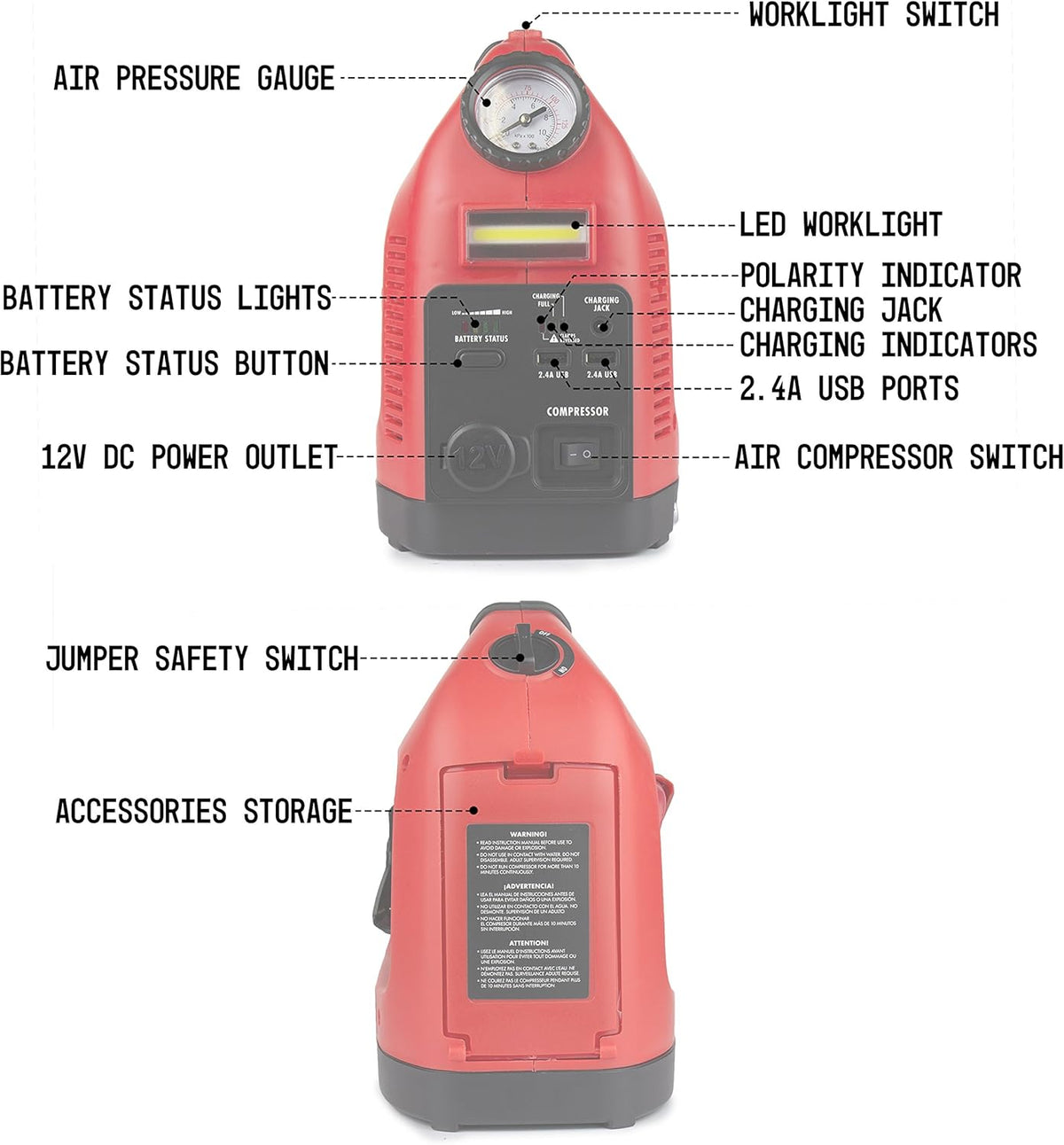 Battery Jump Starter Portable Power Supply, Air Compressor, Battery Bank and Tire Inflator E889