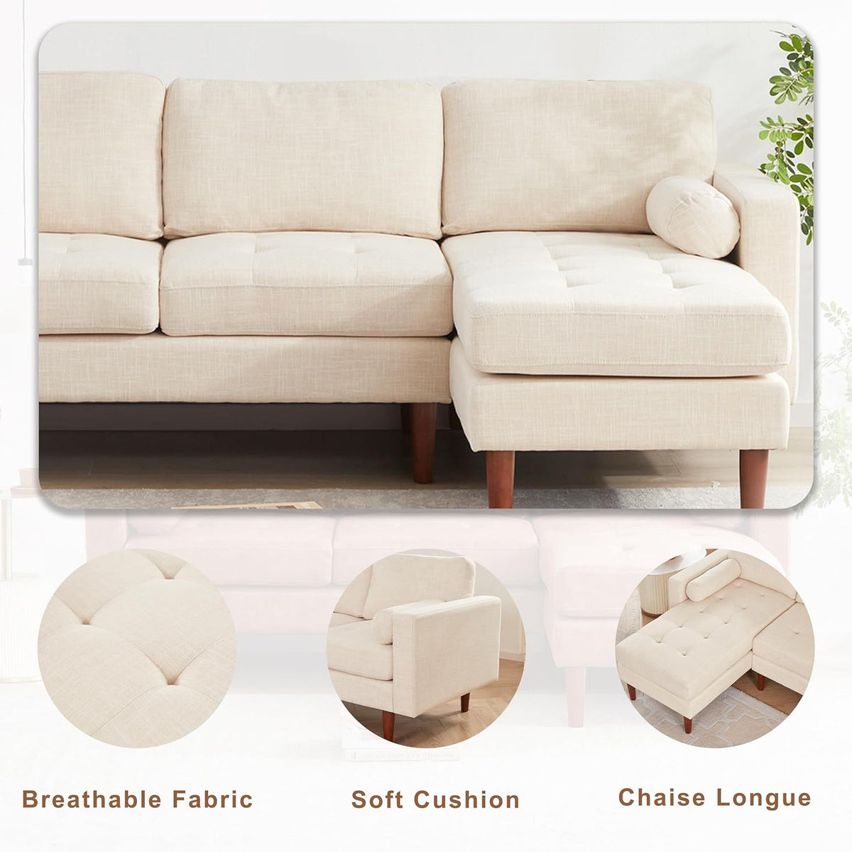 Beige Linen L Shaped Sectional Sofa with Reversible Chaise U822