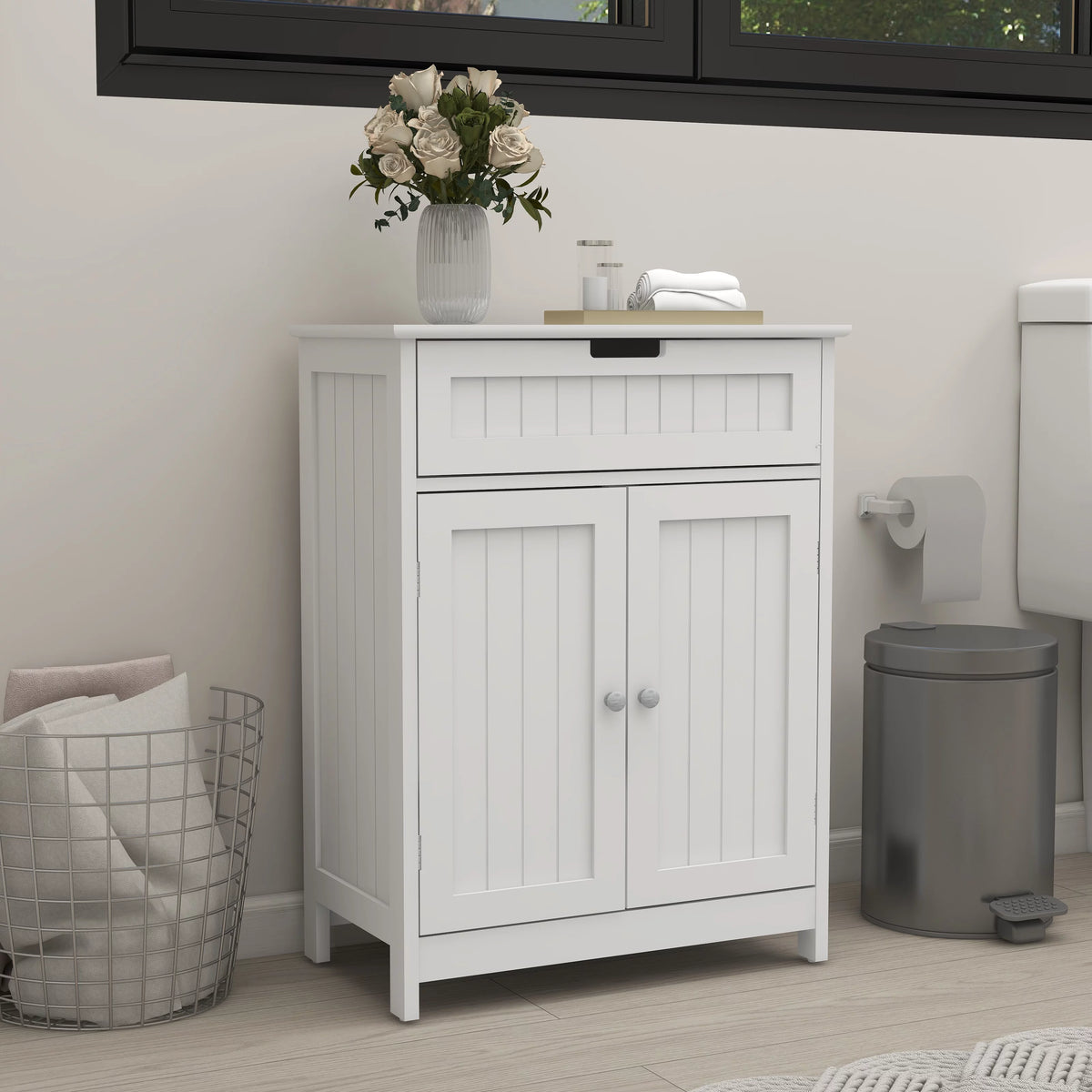 White Wood Bathroom Floor Cabinet 2 Doors 1 Drawer F2092
