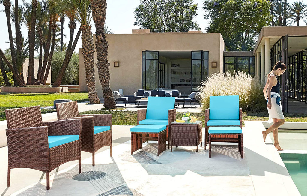 7 Pieces Patio Furniture Set Cushioned Wicker Chairs with Ottoman and Glass Table Z72967