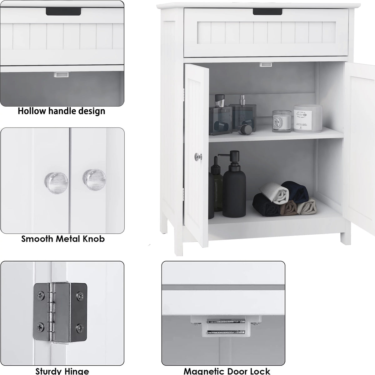 White Wood Bathroom Floor Cabinet 2 Doors 1 Drawer F2092