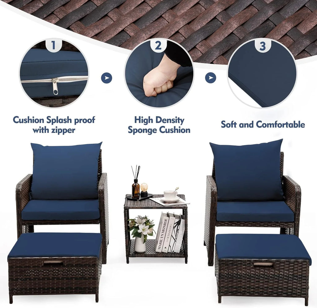 5 Piece Patio Conversation Rattan Chair Set with Storage Coffee Table O910814