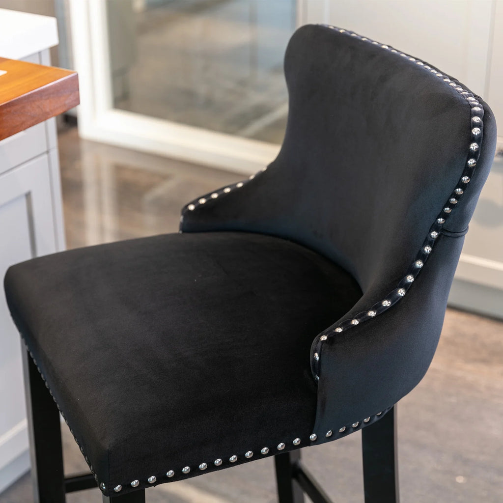 Black Velvet Button Tufted Bar Chairs with Wood Legs, Set of 2 I420108