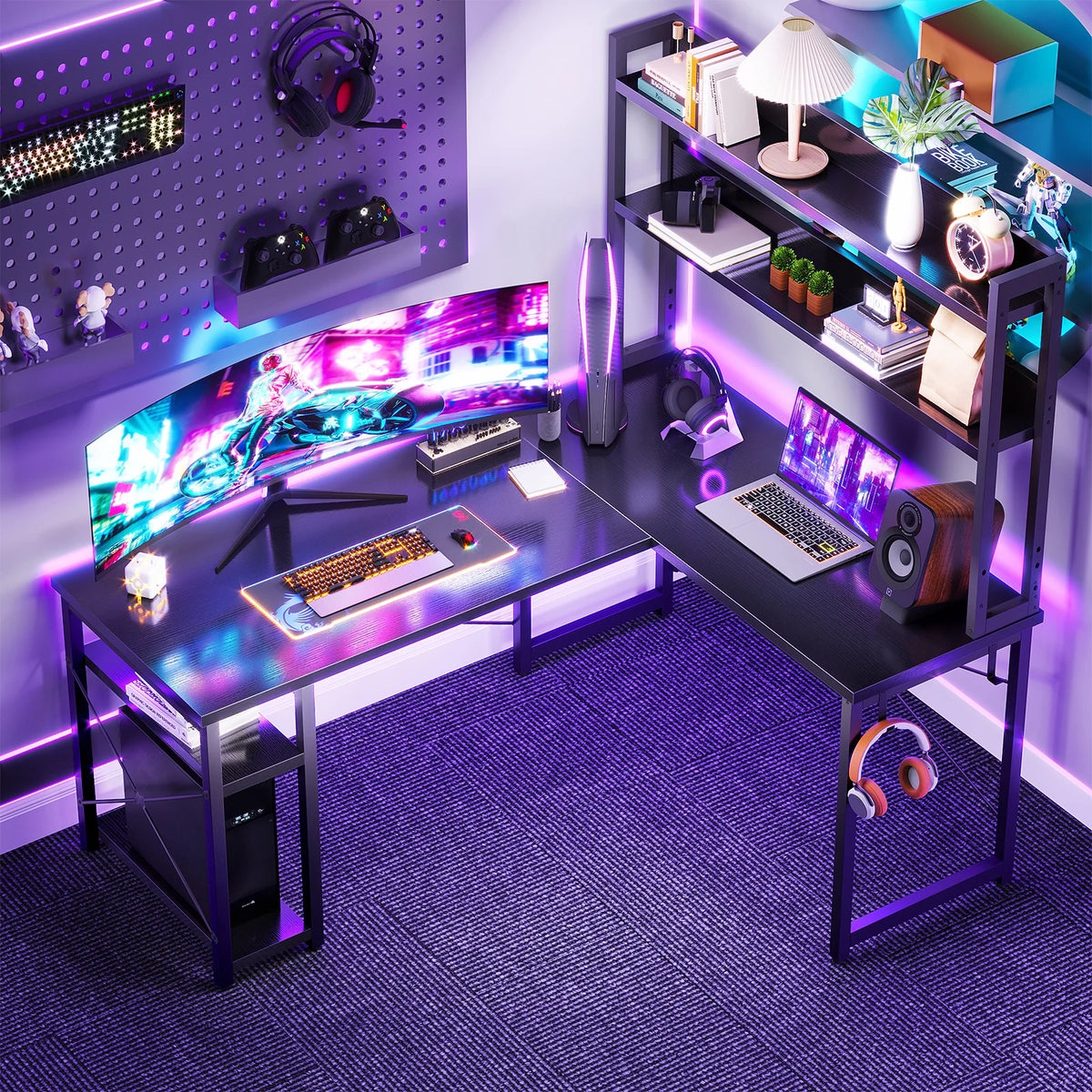 Black Reversible L-Shaped Gaming Desk with Hutch B198430
