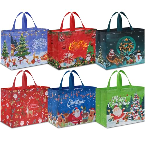 12 PCS Assorted Sizes Reusable Non-Woven Christmas Tote Bags with Handles I8416
