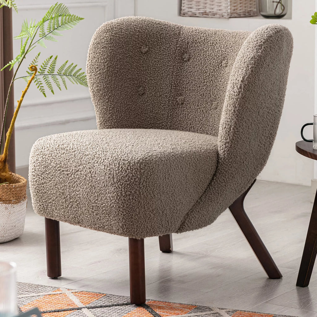 Modern Lambskin Tufted Accent Chair with Solid Wood Legs A37007