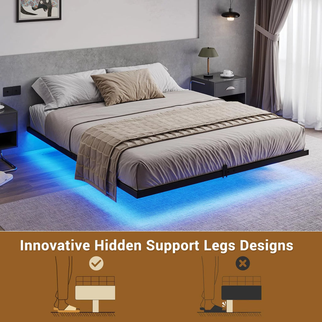 King Size LED Lights Linen Fabric Platform Bed H386299