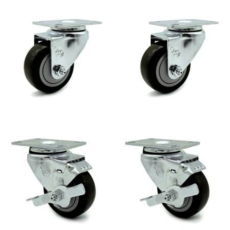 3 inch Black Polyurethane Swivel Top Plate Caster Set with 2 Brakes J761802