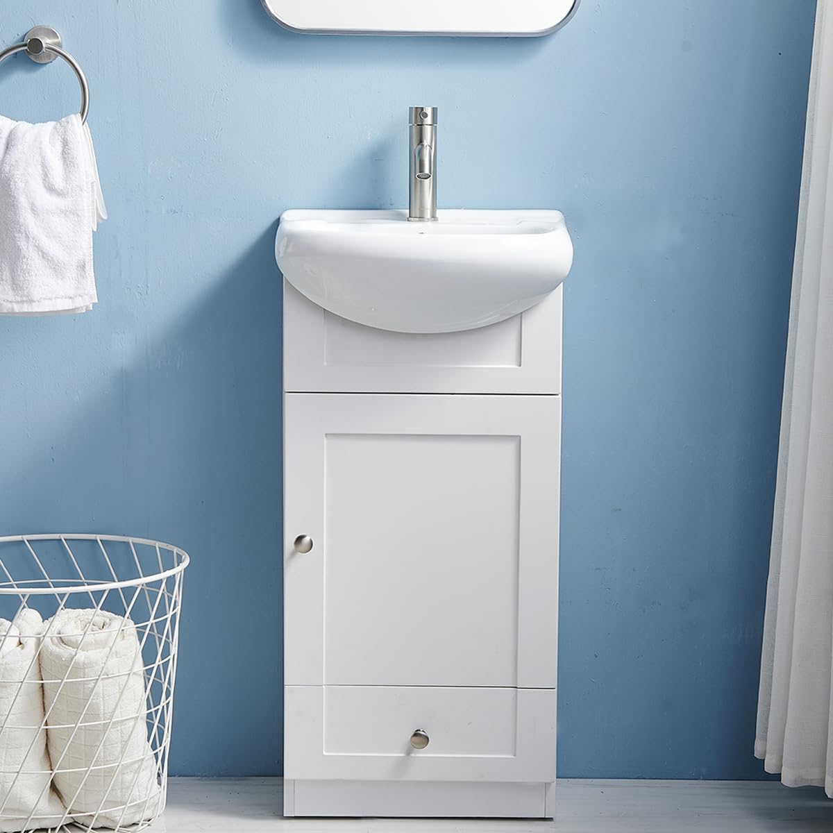 18" White Bathroom Vanity with Sink and 1 Door 1 Drawer W84993