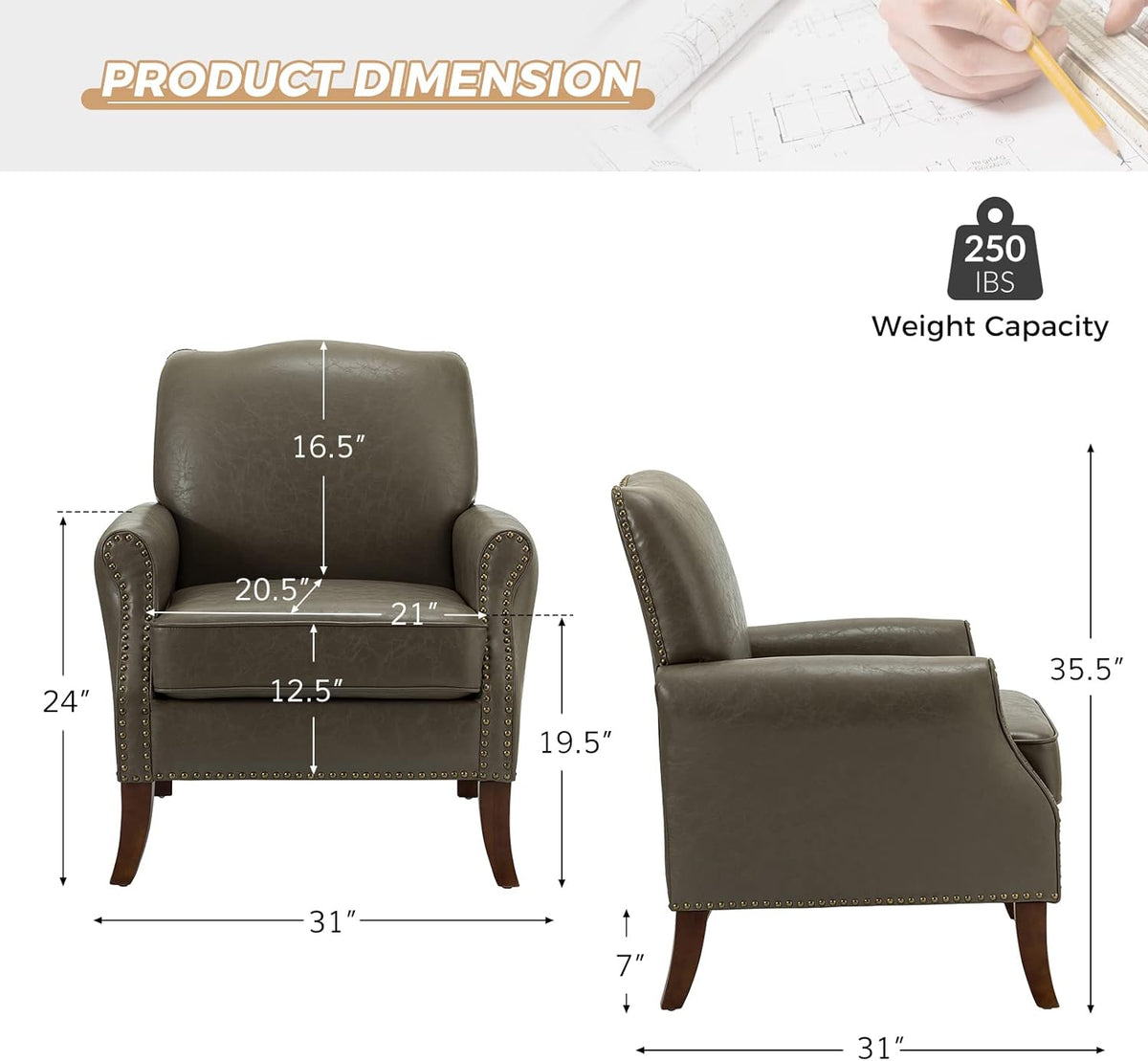 Grey Faux Leather Accent Armchair Set Of 2 with Solid Wood Legs K400928