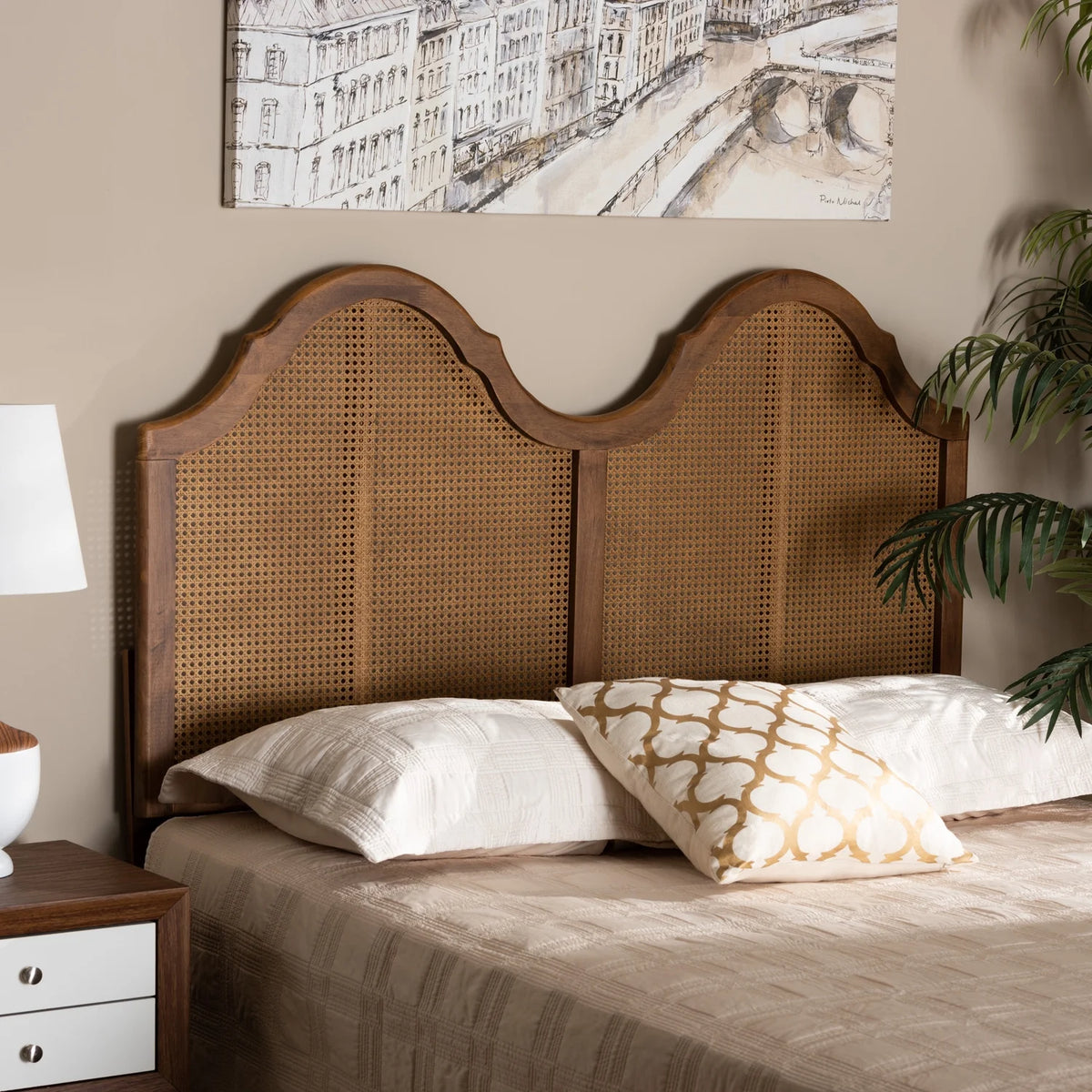 Ash Walnut Finished Wood and Synthetic Rattan King Size Arched Headboard A9671
