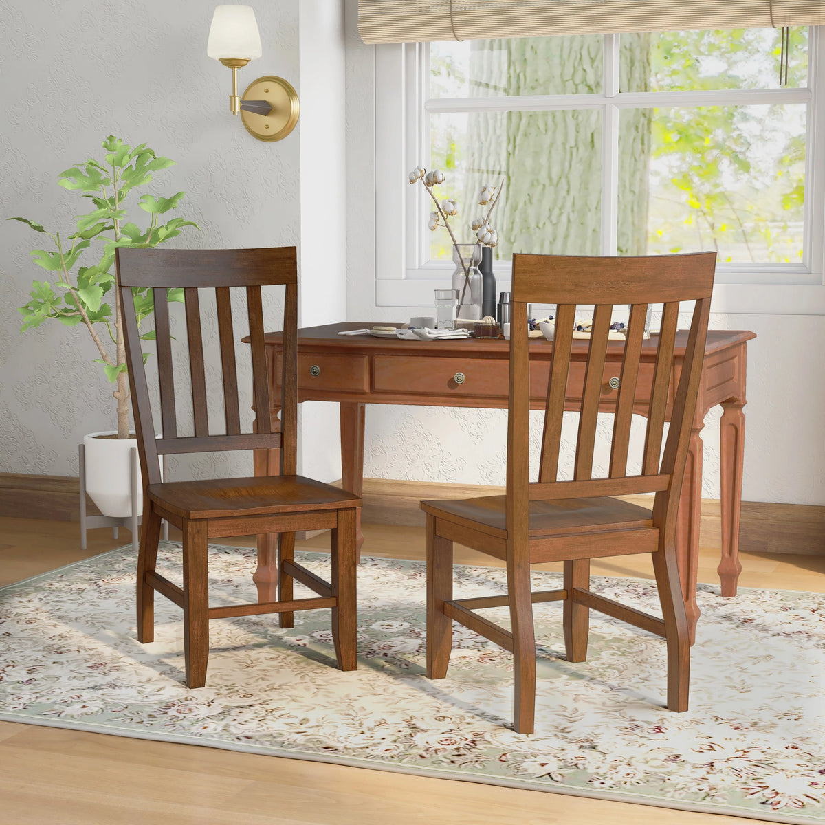 Oak Slat Back Wood Dining Chairs Set of 2 W991