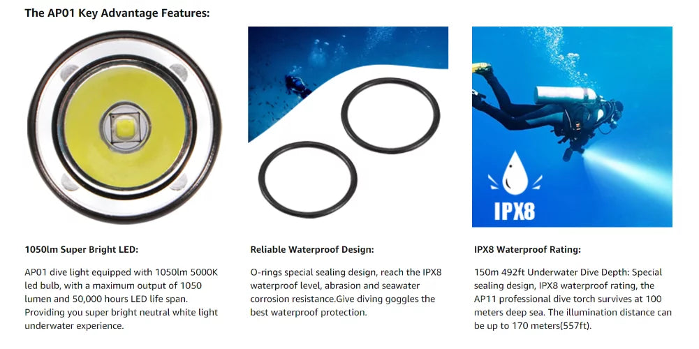 IPX8 Waterproof 1050lm Diving Flashlight J873760