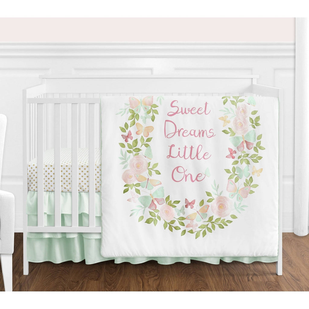 Blush Pink Mint White Butterfly Floral 4-Piece Crib Bedding Set C2034
