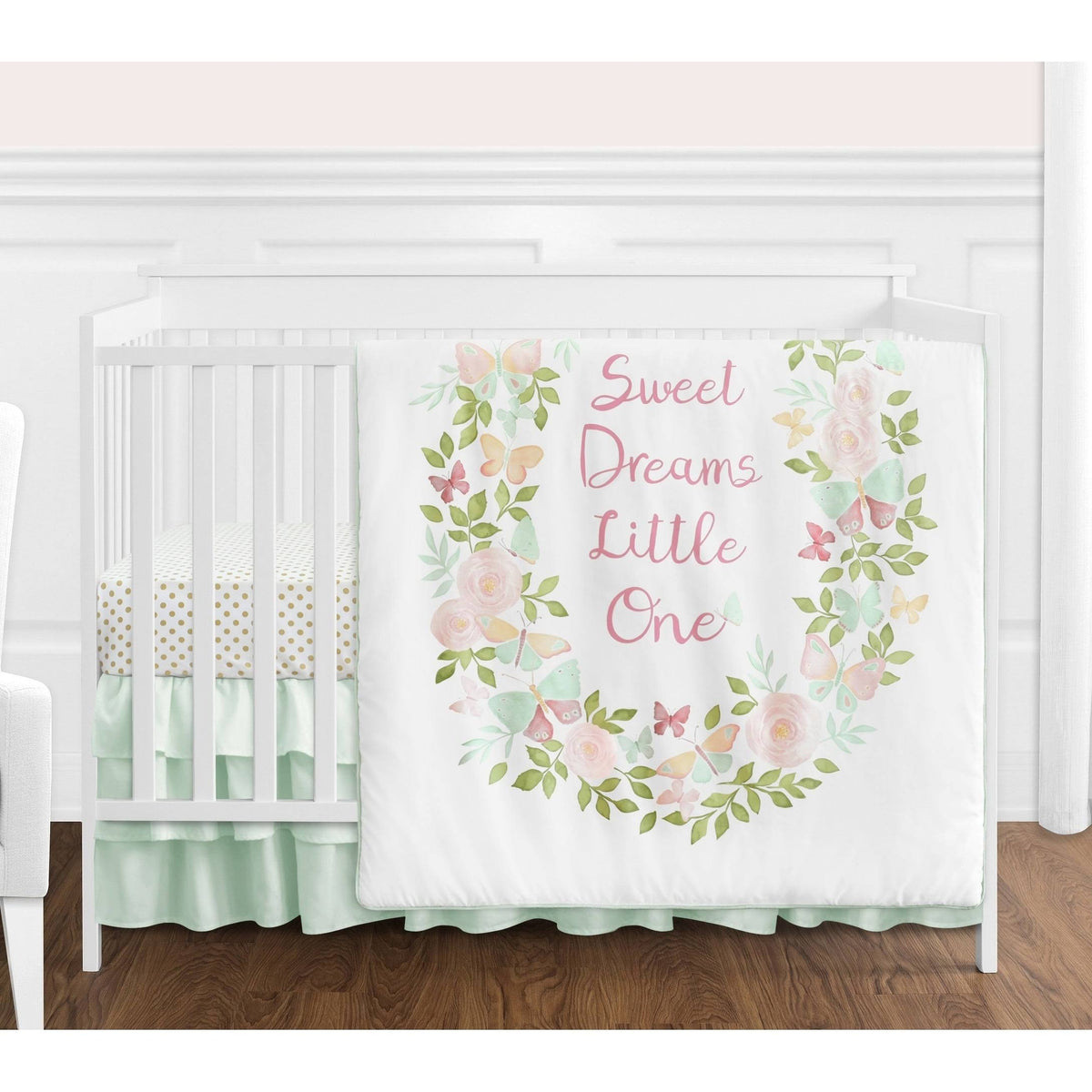 Blush Pink Mint White Butterfly Floral 4-Piece Crib Bedding Set C2034