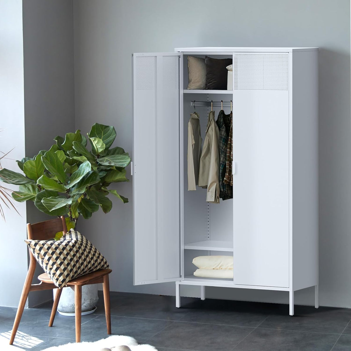 Metal Storage Cabinet with Adjustable Shelf & Removable Hanging Rods Y36975