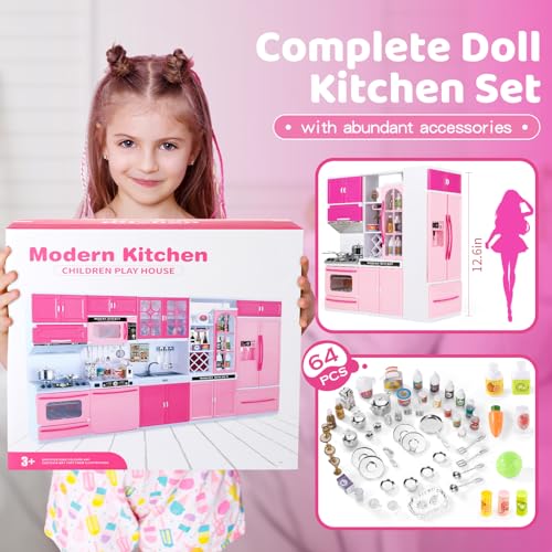 64 PCS Pink Kitchen Toys with Lights Sounds Doll Playset E742