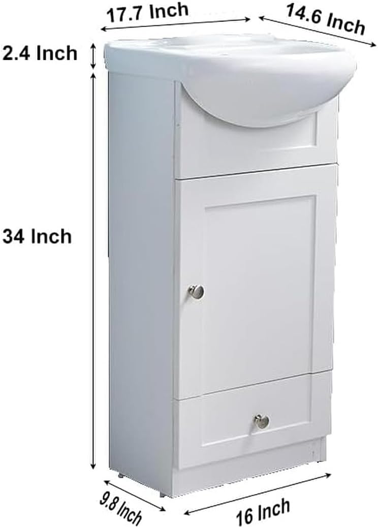 18" White Bathroom Vanity with Sink and 1 Door 1 Drawer W84993