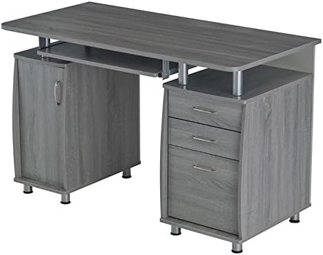 Gray Home Office Computer Desk with CPU Storage Cabinet and Hanging File Cabinet V4252