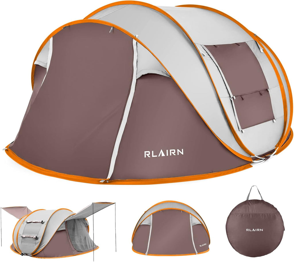 4 Person Pop Up Tent with 2 Mesh Windows & Doors Waterproof Brown H458