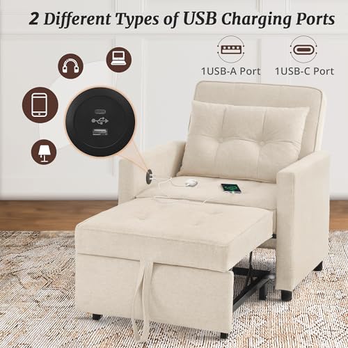 3 in 1 Convertible Sleeper Chair Bed with 2 Pillows and Backrest H5016